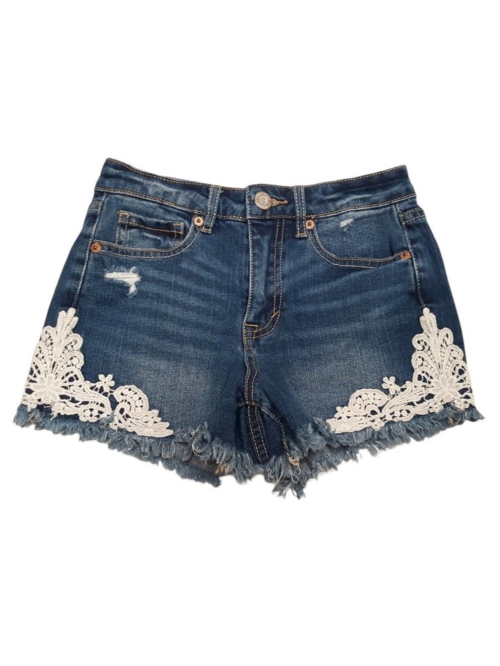 Aeropostale‎ Shorts 00 High Waist Shorty Dark Wash Denim Crochet Accent